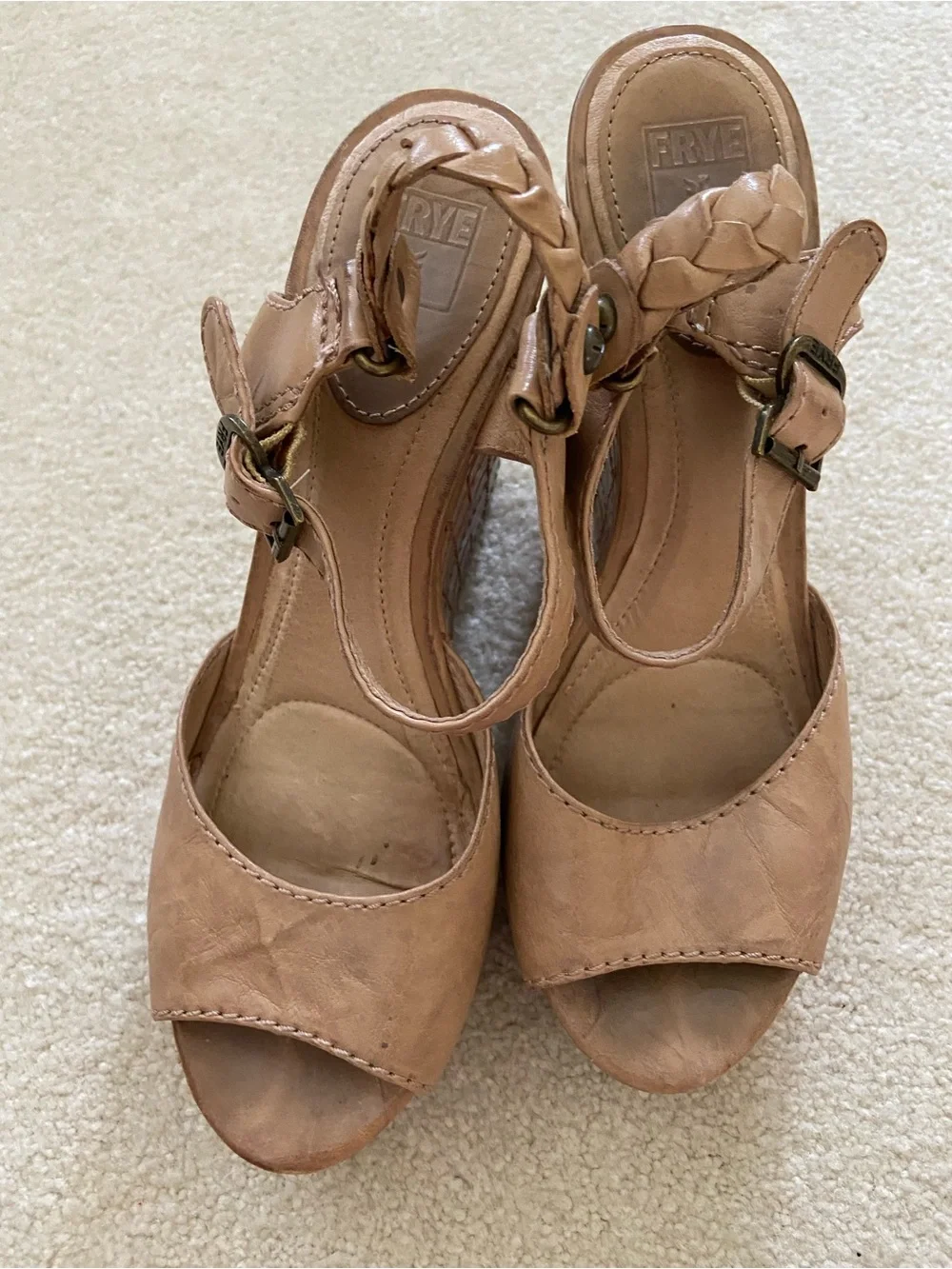 Frye Corrina Quilted Tan Leather Braided-Ankle Wedge Sandals size 8.5